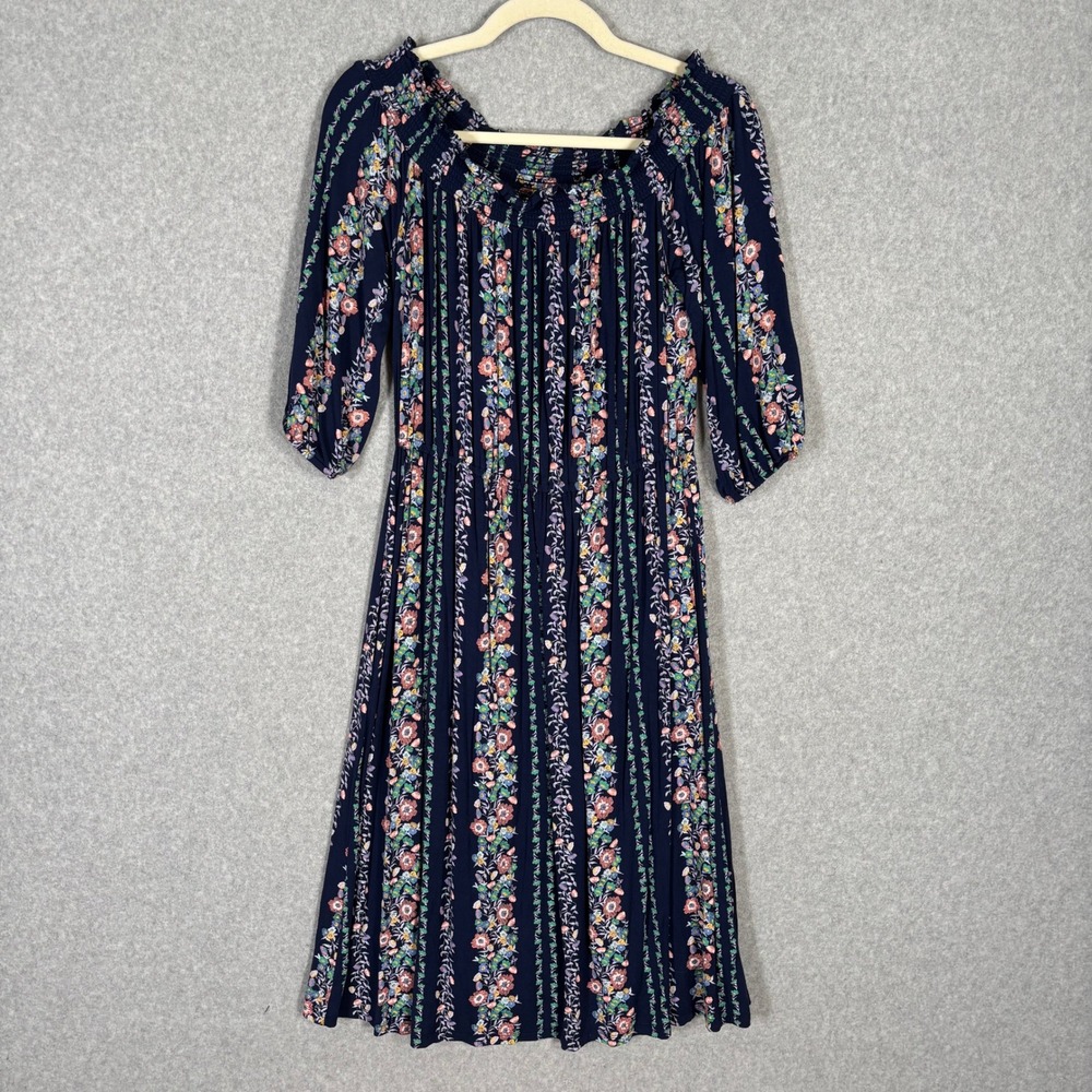 Old Navy Midi Dress Small Navy Floral Smocked Cottage Farmhouse Mediterranean